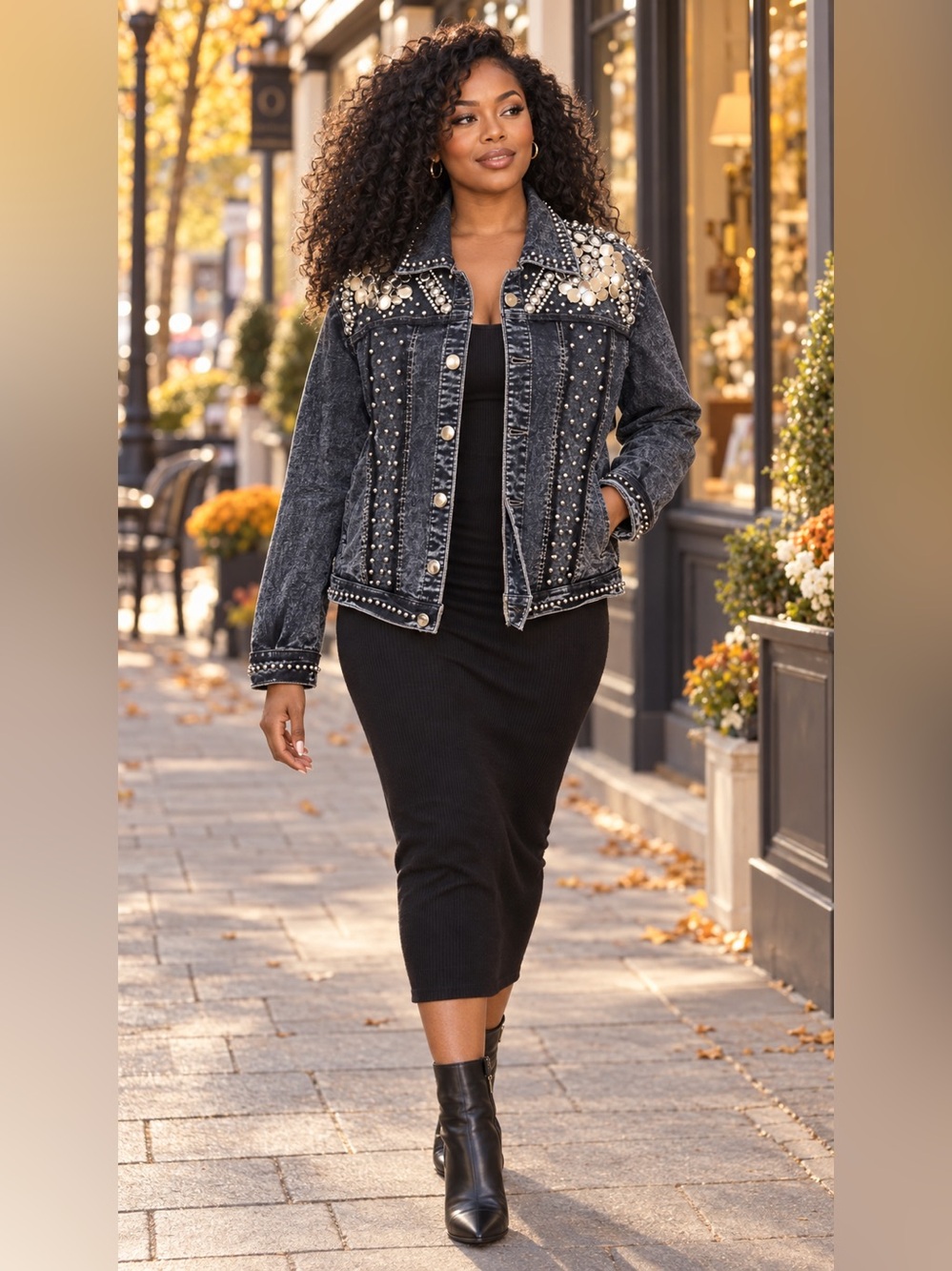 Studded Black Washed Denim Jacket with Pearl Shoulder Detail